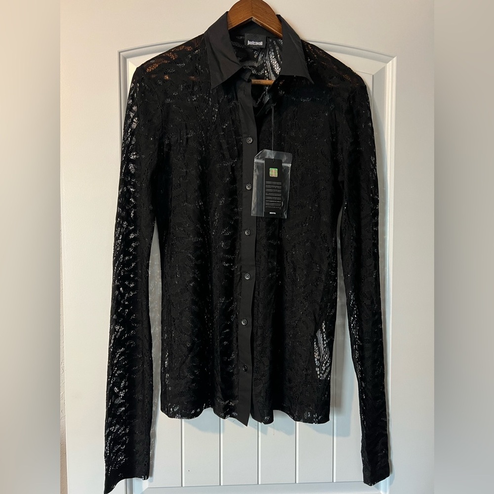 NWT Just Cavalli Black Lace Shirt Button Down
